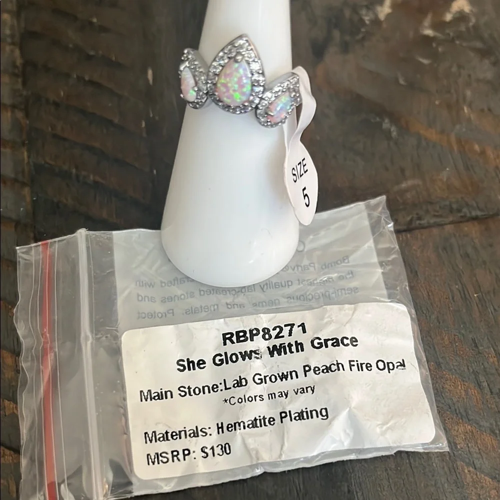Opal Teardrop Halo Silver Ring - White Opal Accent